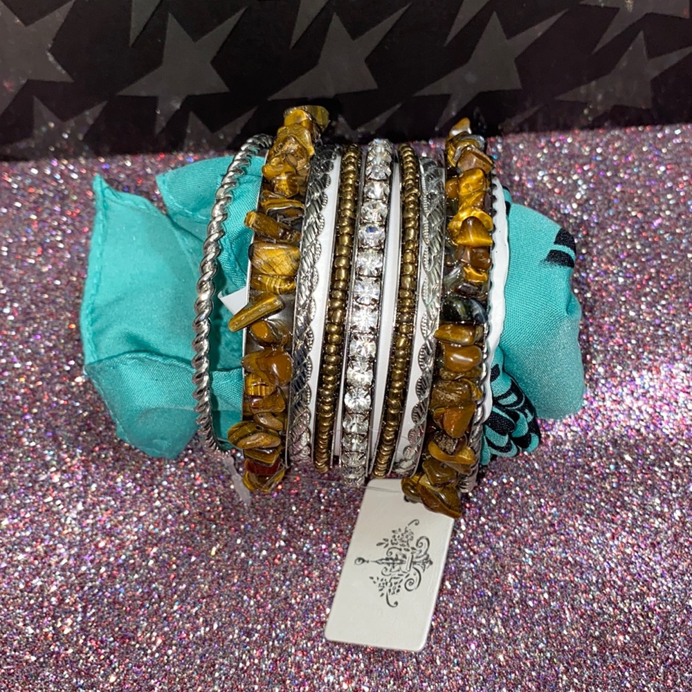 Silver with brown beaded bangles set NWT